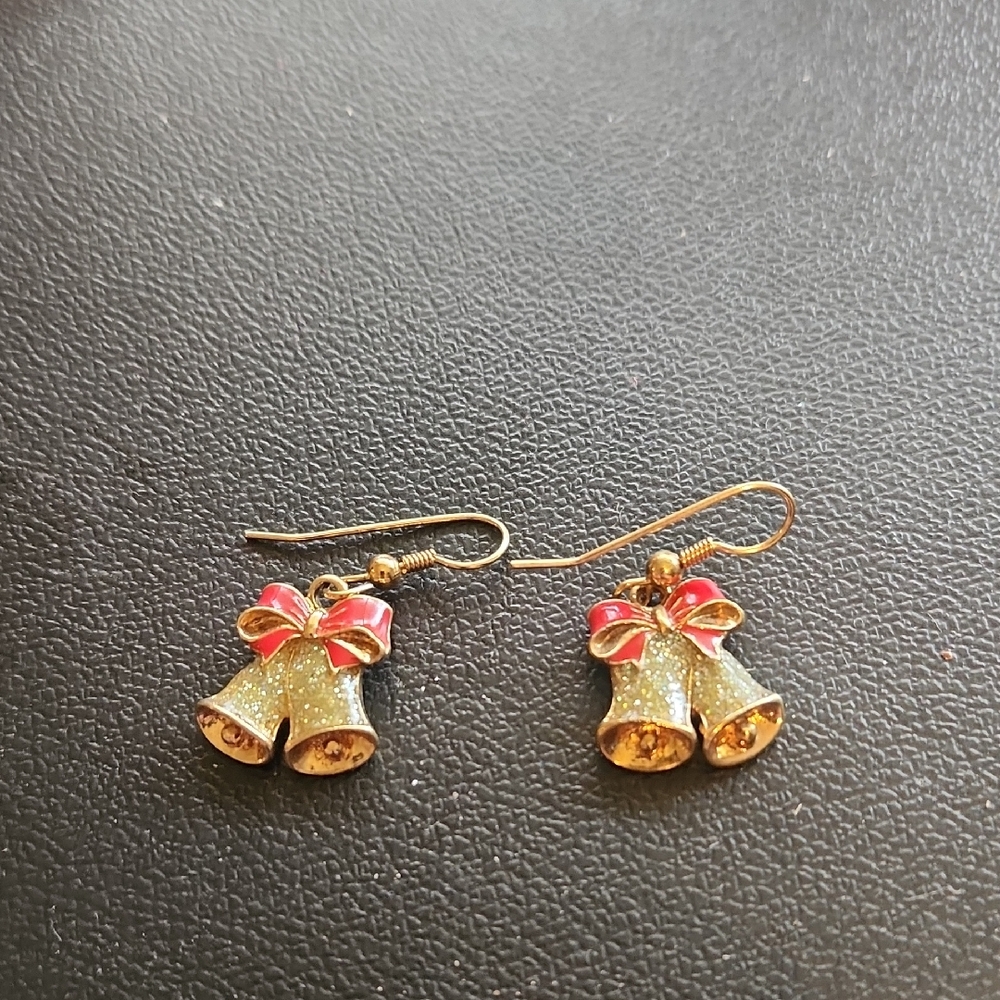 Gold and Red Glittery Vintage Bell Earrings